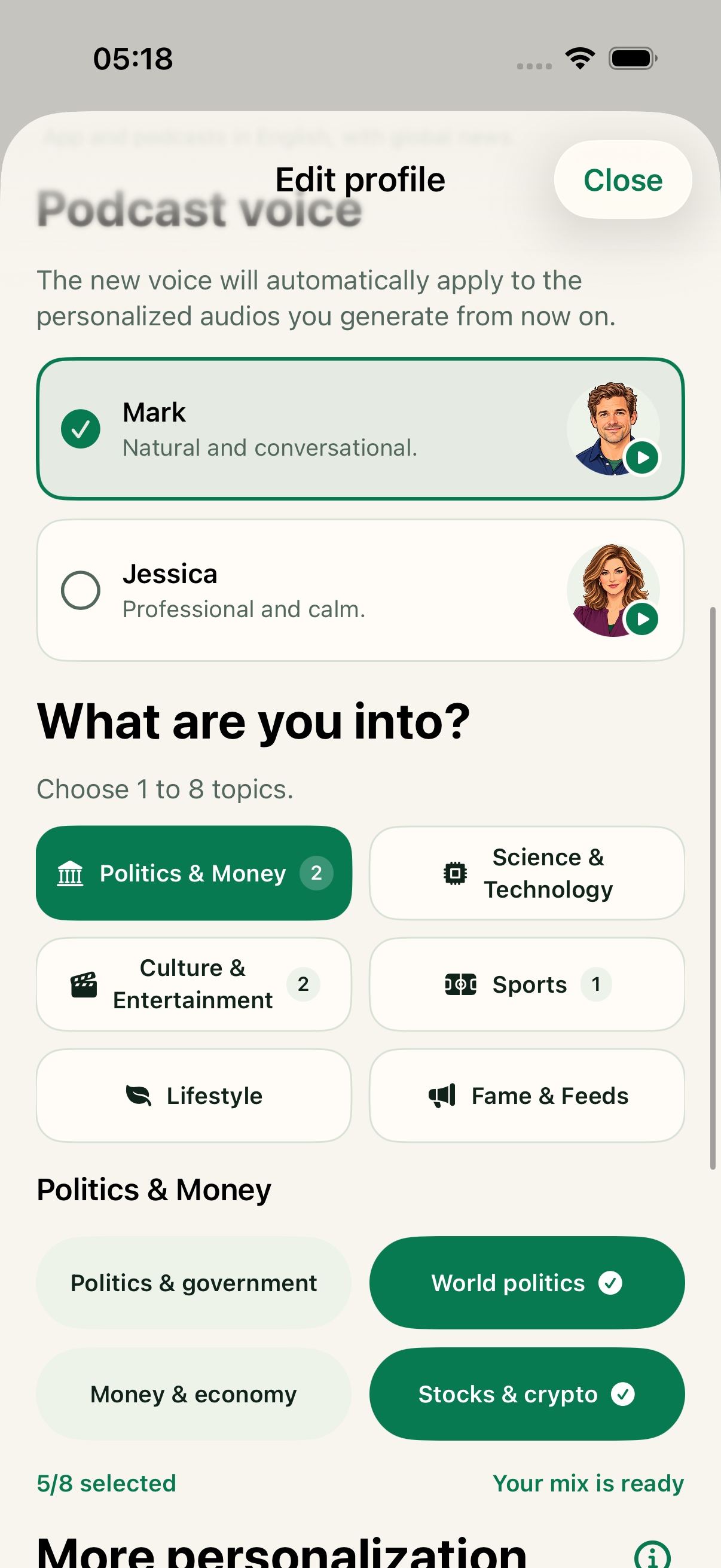 Profile with selected broad interests and specific topics