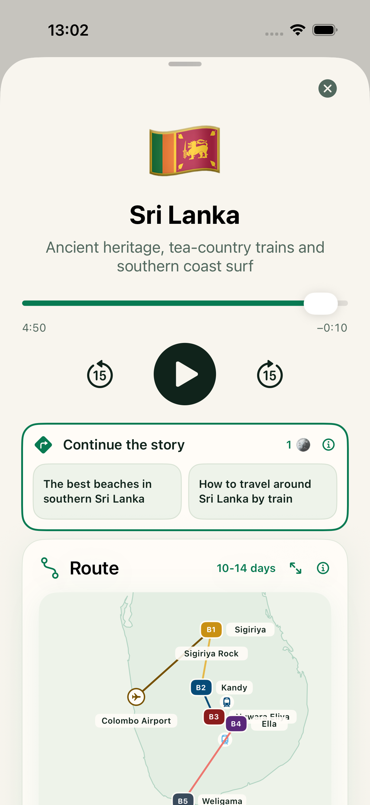 Continuations and route inside the Sri Lanka travel guide player